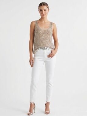 CHAN LUU beige sheer mesh micro net beaded sleeveless top size xs
